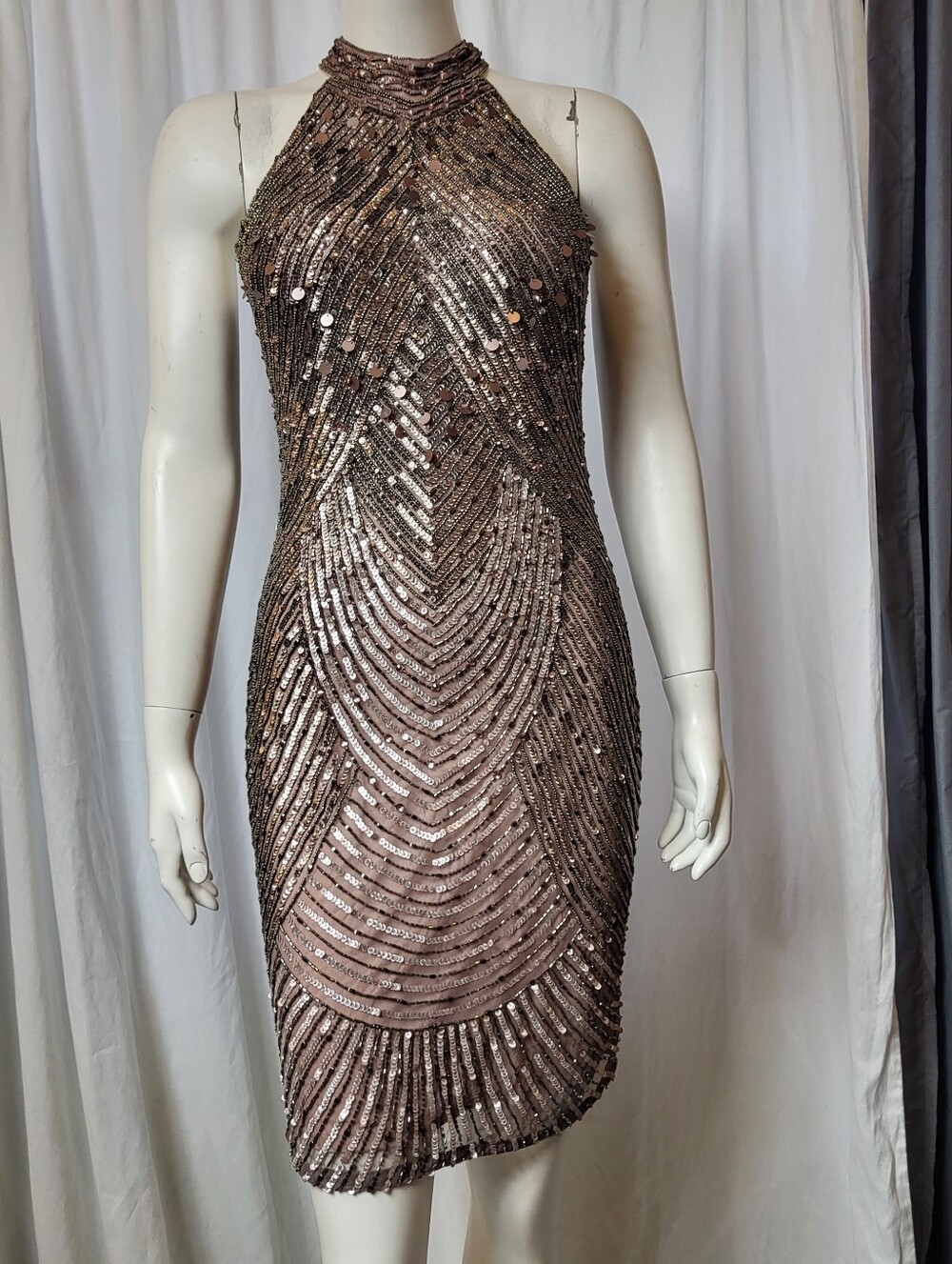Scala Taupe Sequin Halter Midi Dress
